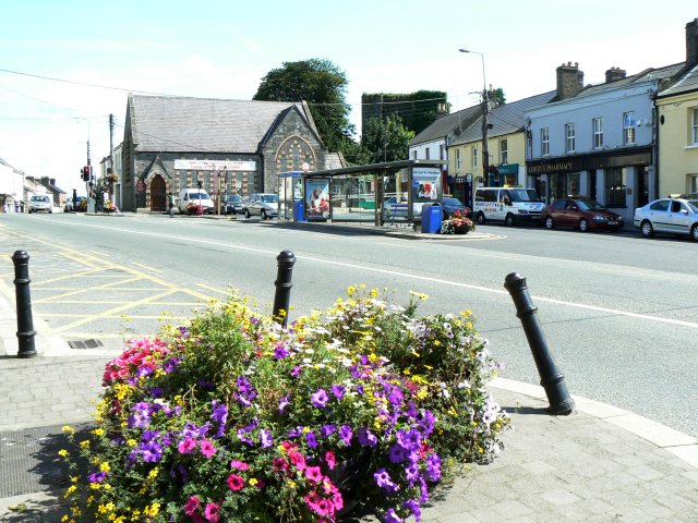 Shops and buildings on a street in Naas town centre.