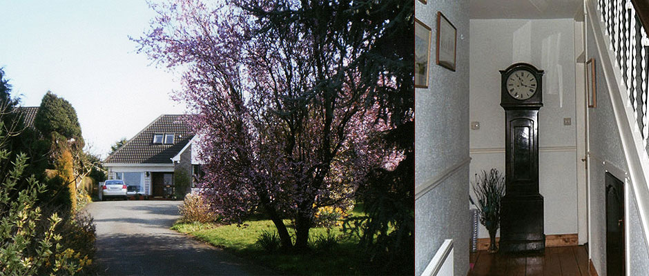 The front of Avondale B&B in Naas, with gardens and driveway, beside the hallway grandfather clock.